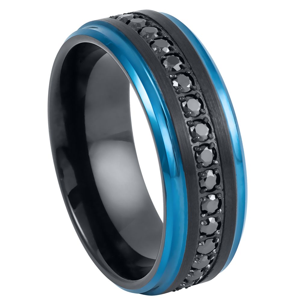 Black IP Plated Black Round CZ Eternity Ring with Blue Edges – 8mm