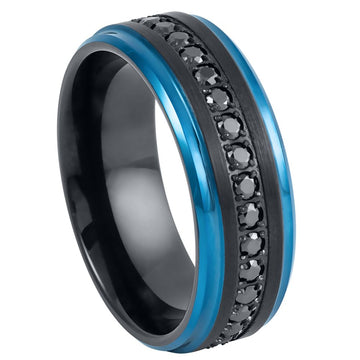 Black IP Plated Black Round CZ Eternity Ring with Blue Edges – 8mm