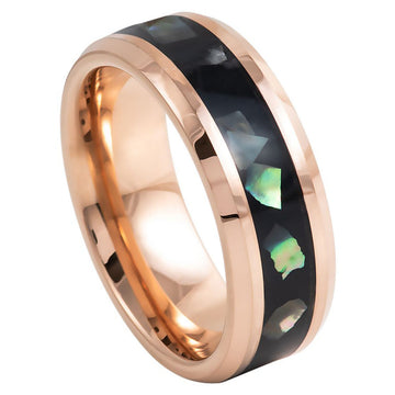 Rose Gold IP Tungsten Ring with Black Resin & Abalone Shell Inlay – 8mm