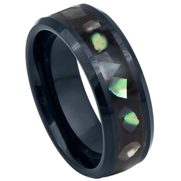 Black IP Tungsten Ring with Black Resin & Abalone Shell Inlay - 8mm