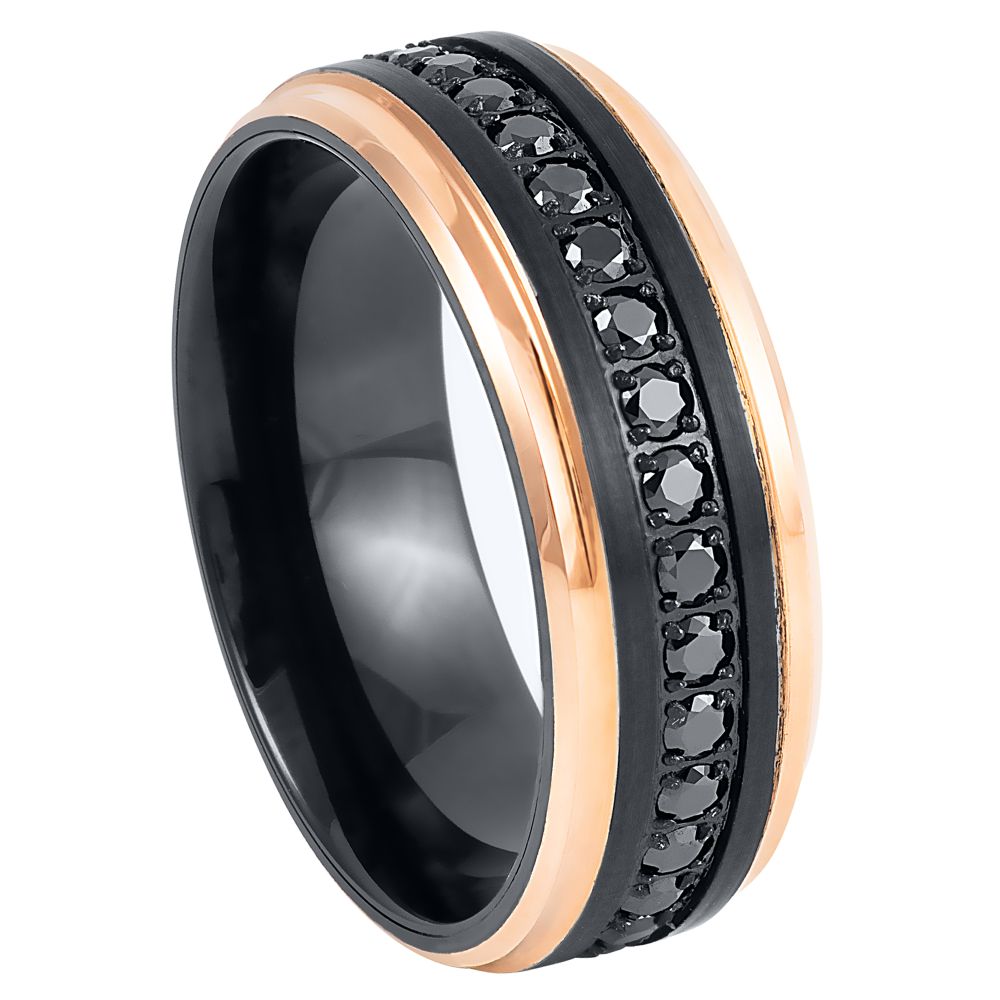 Black IP Plated Rose Gold IP Edges Black CZ Round Cut Eternity Ring – 8mm