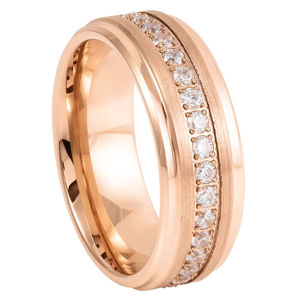 Rose Gold IP Plated White CZ Round Cut Eternity Ring - 8mm