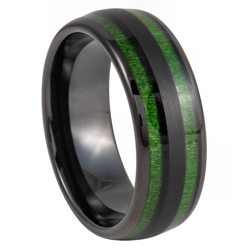 8mm Tungsten Ring with Black IP and Jade Wood Inlay