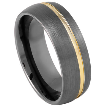 8mm Gun Metal IP Plated Brushed Domed Ring with Off-Center Yellow IP Strip