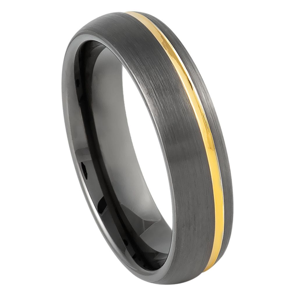 6mm Gun Metal IP Plated Brushed Domed Ring with Off-Center Yellow IP Strip