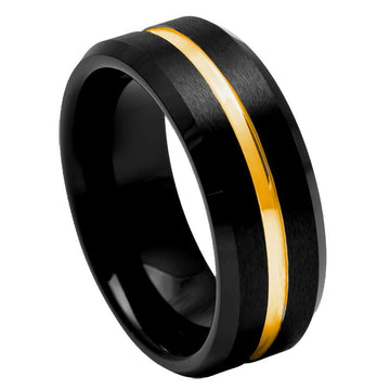 8mm Black IP Brushed Grooved Center Beveled Edge Ring with Yellow Gold IP