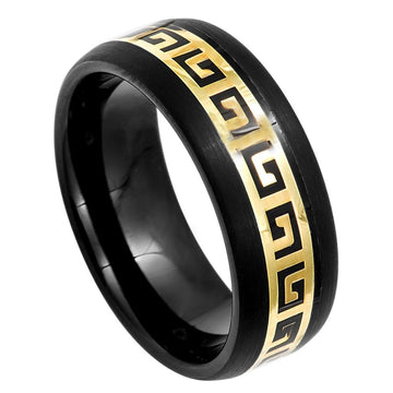 Black IP Dome Ring with Yellow IP Greek Key Inlay, 8mm