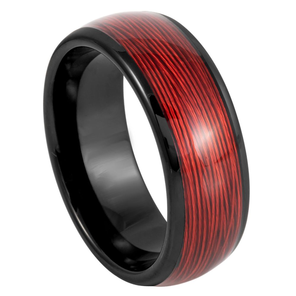 8mm Domed Black IP Plated Rolled Red Wire Inlay Ring