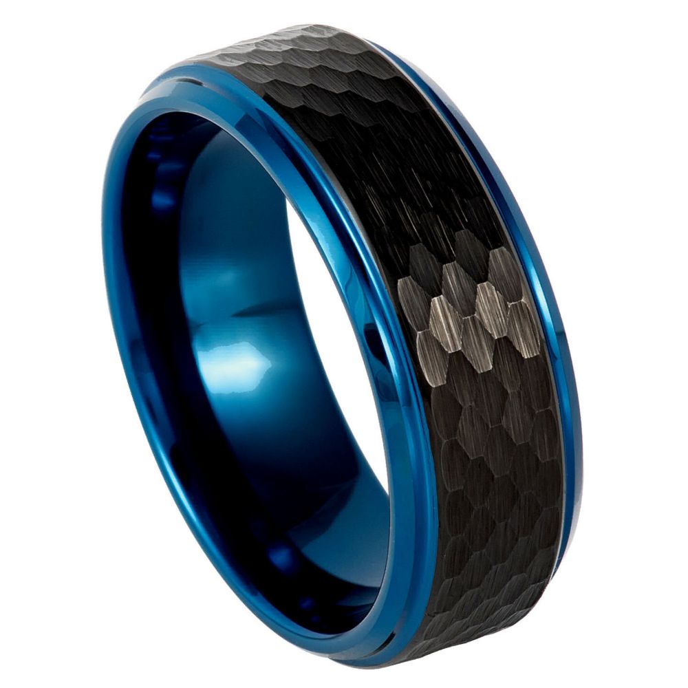 8mm Black IP Hammered Ring with Blue IP Stepped Edge