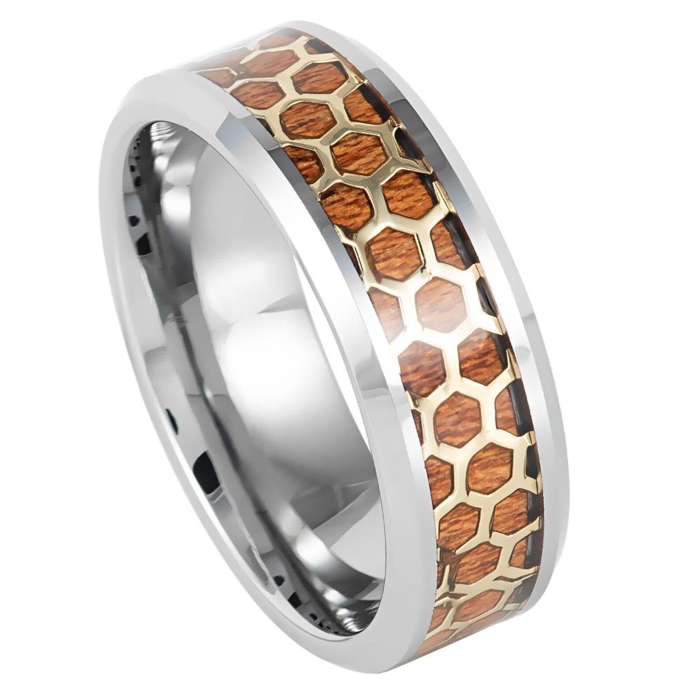 8mm Honeycomb Cut-Out Ring with Rosewood Inlay and Beveled Edge