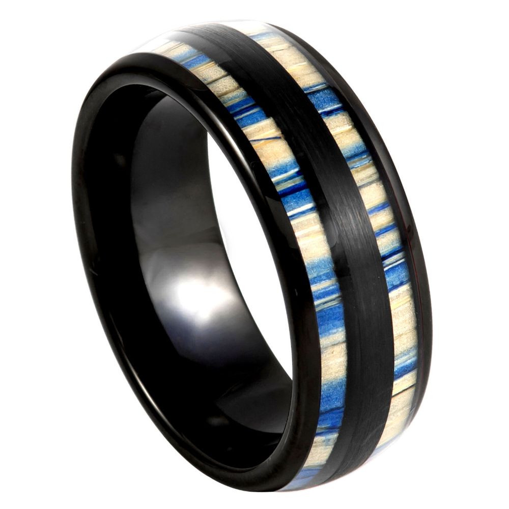8mm Tungsten Ring with Black IP & Dyed Bamboo Inlay