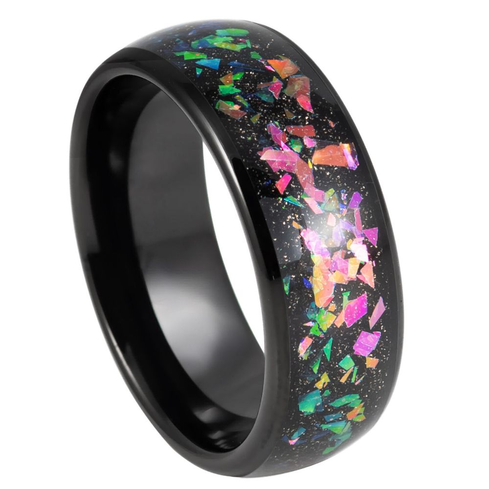 Black IP Tungsten Ring with Synthetic Opal & Abalone Inlay – 8mm