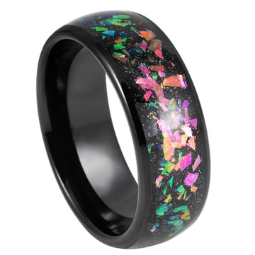 Black IP Tungsten Ring with Synthetic Opal & Abalone Inlay – 8mm