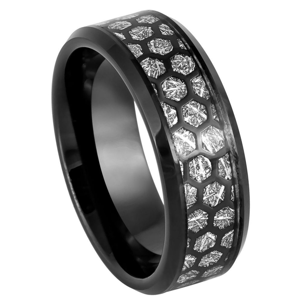 8mm Honeycomb Cut-Out Ring with Imitation Meteorite Inlay and Beveled Edge