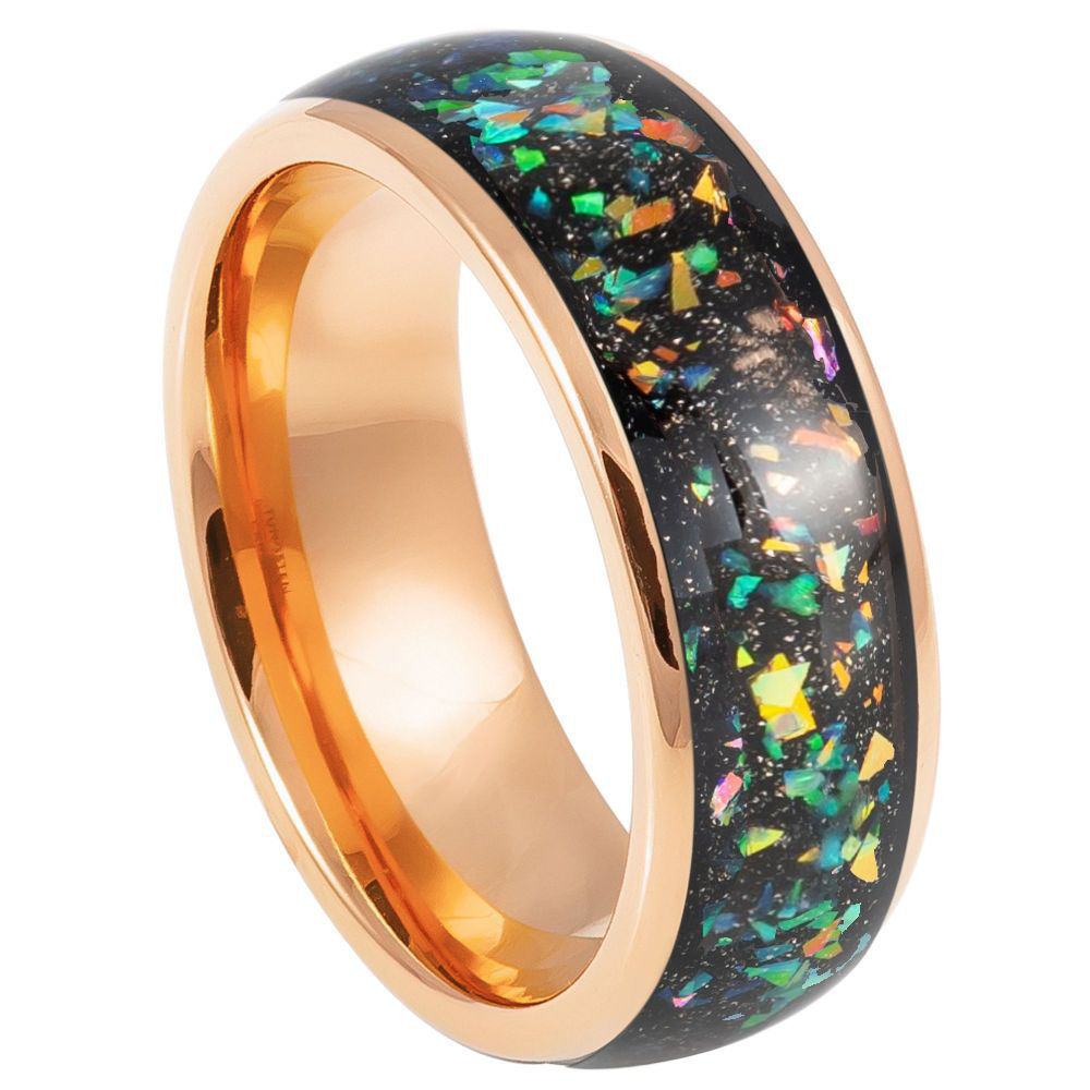 Rose Gold IP Domed Ring with Synthetic Opal & Abalone Fragments Inlay, 8mm