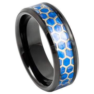 8mm Honeycomb Cut-Out Ring with Imitation Blue Opal Inlay and Beveled Edge