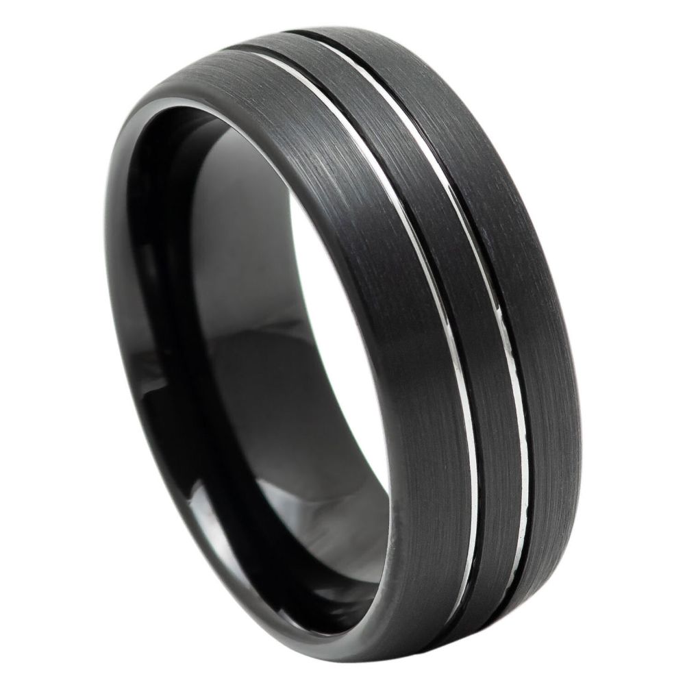 8mm Domed Black IP Plated Double Striped Center Ring