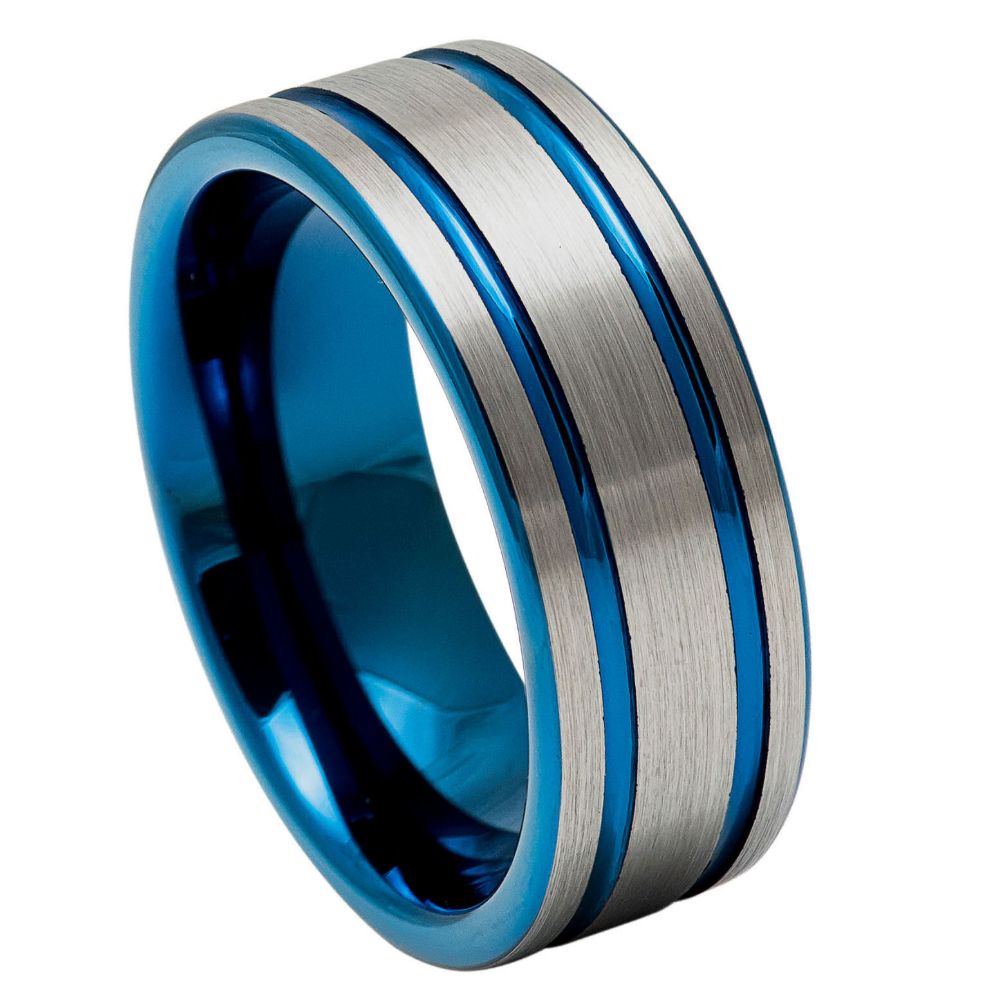 Pipe Cut Blue IP Plated Double Striped Center Ring - 8mm