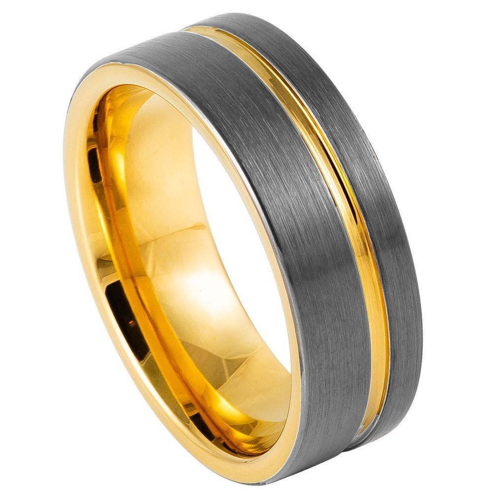 8mm Gun Metal IP Plated Ring with Off-Center Yellow Gold Plated Groove