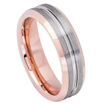 6mm Rose Gold IP Plated Men’s Ring with Gun Metal Grooved Brushed Center
