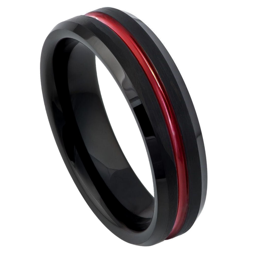 6mm Tungsten Ring with Red IP Plated Grooved Center and Black Brushed Beveled Edge