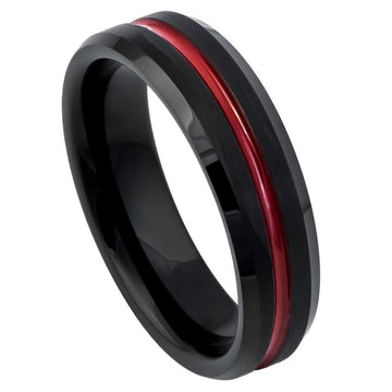 6mm Tungsten Ring with Red IP Plated Grooved Center and Black Brushed Beveled Edge