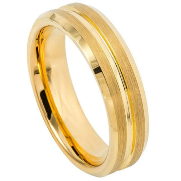 6mm Tungsten Ring with Yellow Gold IP Plated Grooved Center and Brushed Beveled Edge