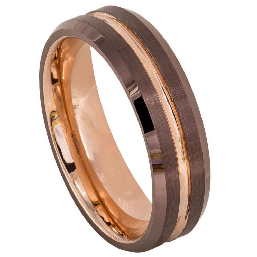 6mm Tungsten Ring with Beveled Edge, Brushed Brown IP & Rose Gold Grooved Center