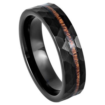 Black IP Plated Hammered Ring with Hawaiian Koa Wood Inlay, 6mm