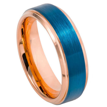 Tungsten Two-Tone Rose & Blue IP Stepped Edge Ring, 6mm