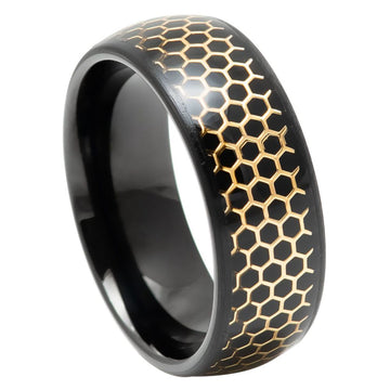 8mm Dome Ring with Black IP and Yellow Gold IP Honeycomb Cut-Out Inlay