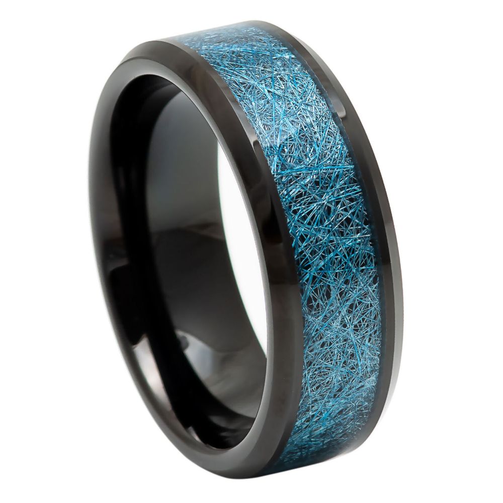 Black IP Plated Blue Silk Thread Inlay Ring - 8mm