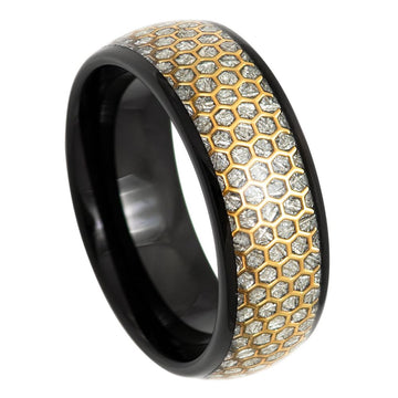 8mm Dome Black IP Ring with Honeycomb Cut-Out Imitation Meteorite Inlay