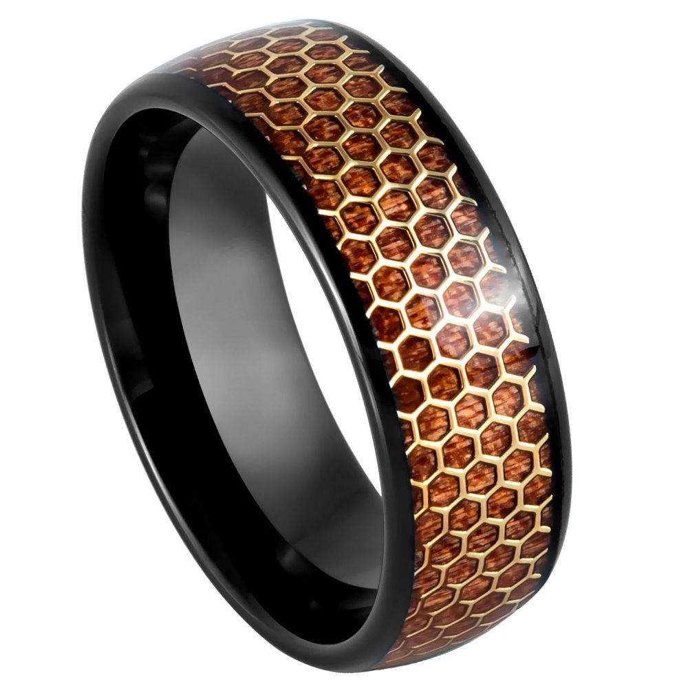 8mm Dome Black IP Ring with Honeycomb Cut-Out Rosewood Inlay