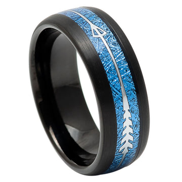 8mm Black IP Plated Ring with Feathered Arrow Inlay and Blue Imitation Meteorite