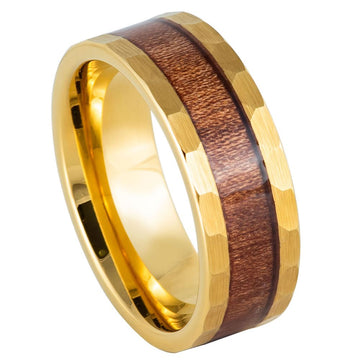 8mm Yellow IP Plated Hammered Ring with Hawaiian Koa Wood Inlay