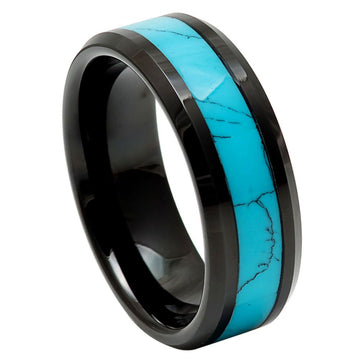 Black IP Natural Blue Turquoise Inlay Beveled Edge Ring – 8mm