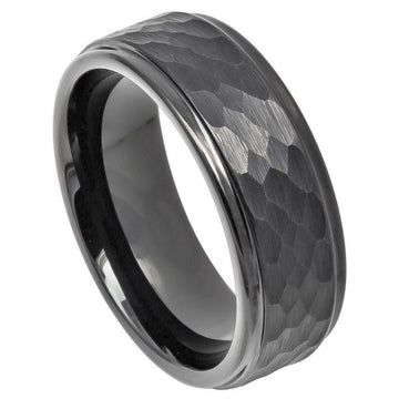 8mm Gun Metal IP Plated Hammered Center Ring with Stepped Edge