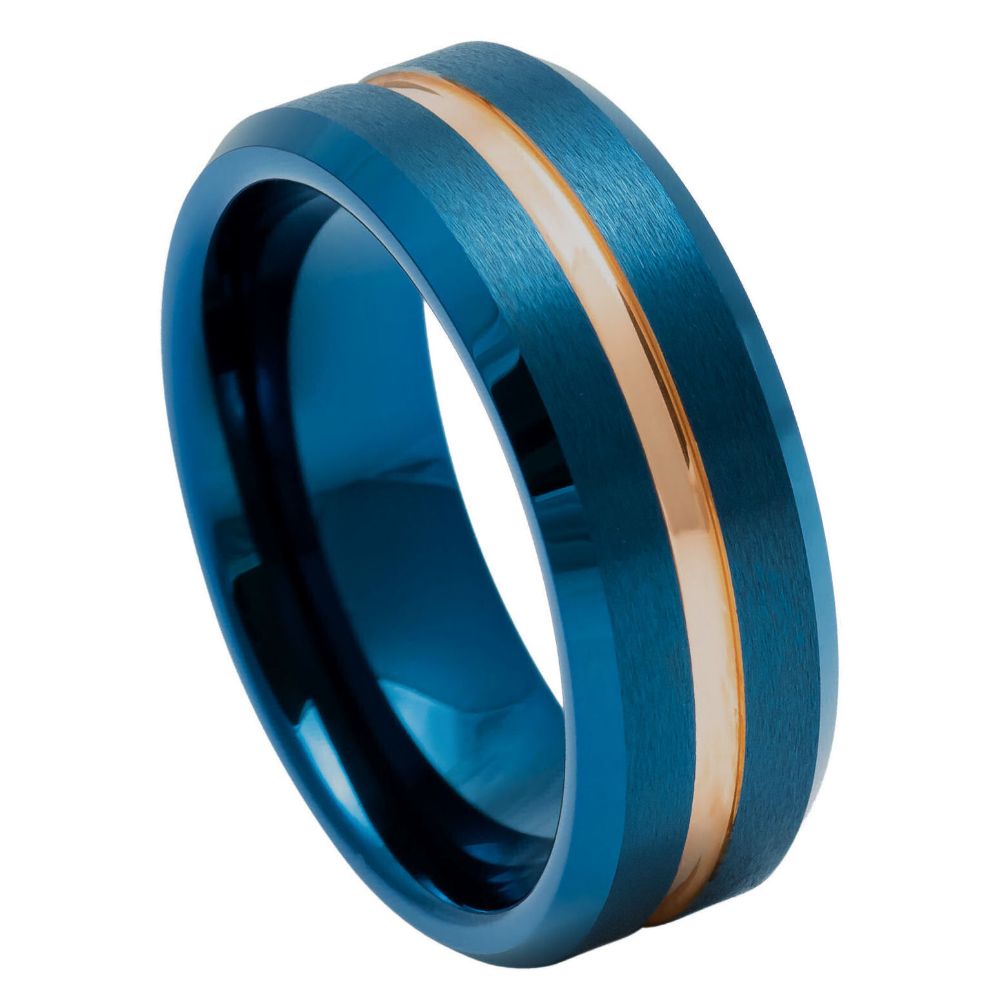 Blue IP Brushed with Rose Gold IP Grooved Center Beveled Edge Ring – 8mm
