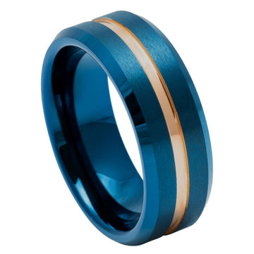 Blue IP Brushed with Rose Gold IP Grooved Center Beveled Edge Ring – 8mm