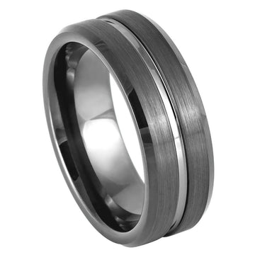 Gun Metal IP Plated Grooved Center Brushed Beveled Edge Ring – 8mm