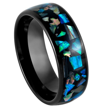 8mm Dome Black IP Ring with Synthetic Opal & Abalone Inlay