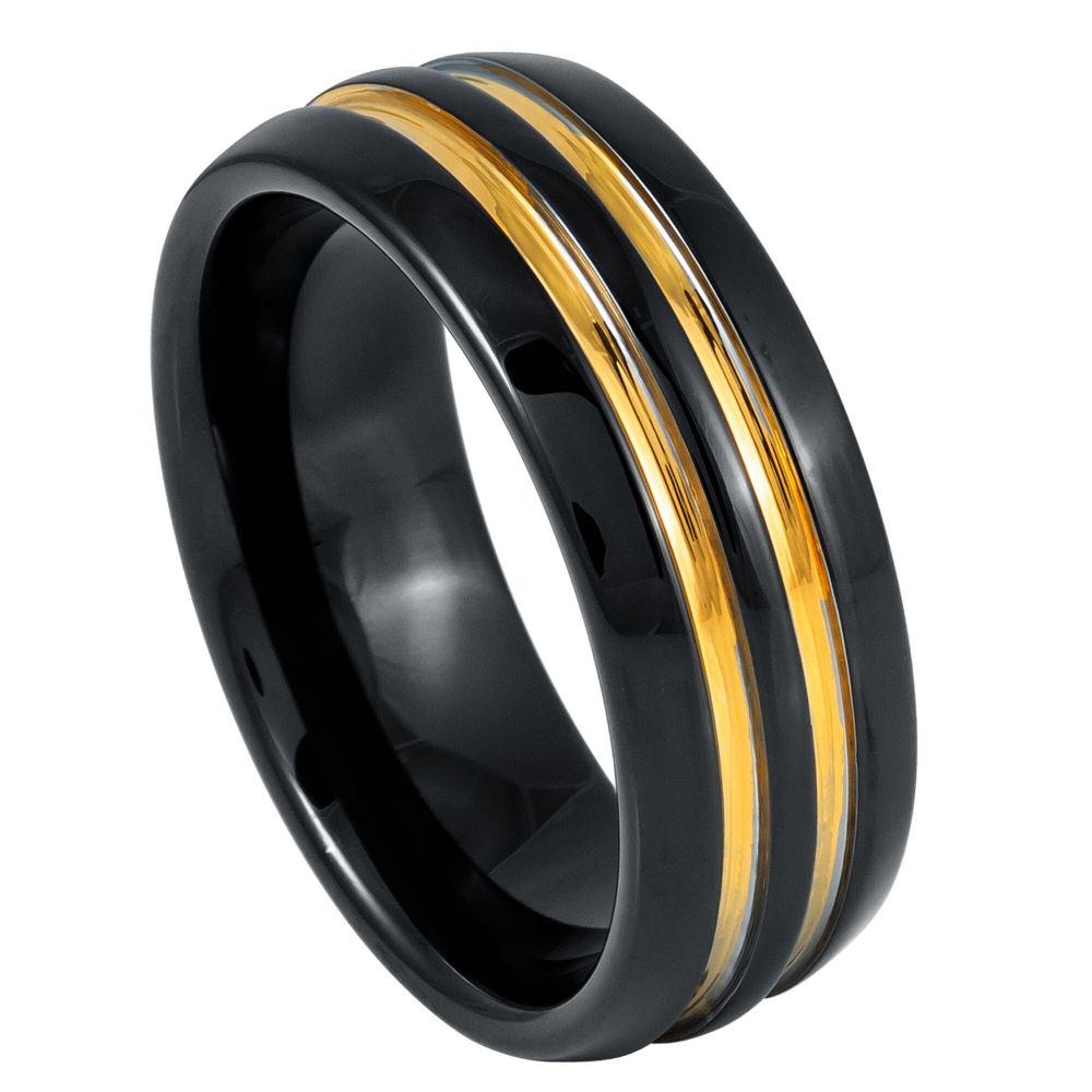 8mm Domed Black IP Ring with Two Yellow IP Stripes