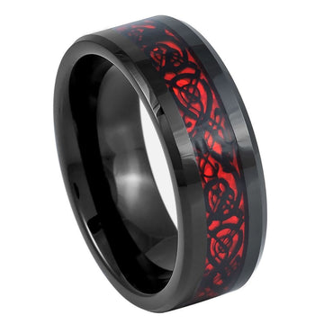 8mm Black & Red Tungsten Celtic Dragon Cut-Out Inlay Ring