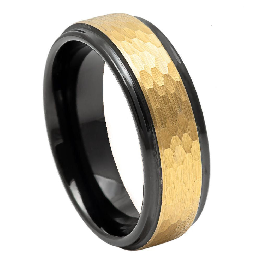 6mm Yellow IP Hammered Ring with Black IP Stepped Edge