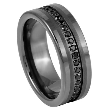 8mm Tungsten Eternity Band with Prong-Set Round Black CZs, Gun Metal IP Plated
