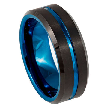8mm Black IP Brushed Grooved Center Ring with Blue IP Plating
