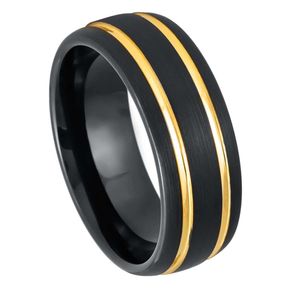 8mm Dome Black IP Tungsten Ring with Two Yellow IP Grooves