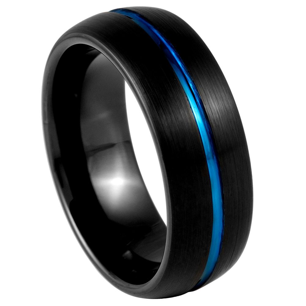 8mm Dome Black IP Tungsten Ring with Blue IP Center Groove