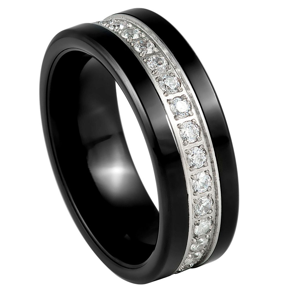 Black IP Plated Prong-Set Round-Cut White CZ Eternity Ring – 8mm